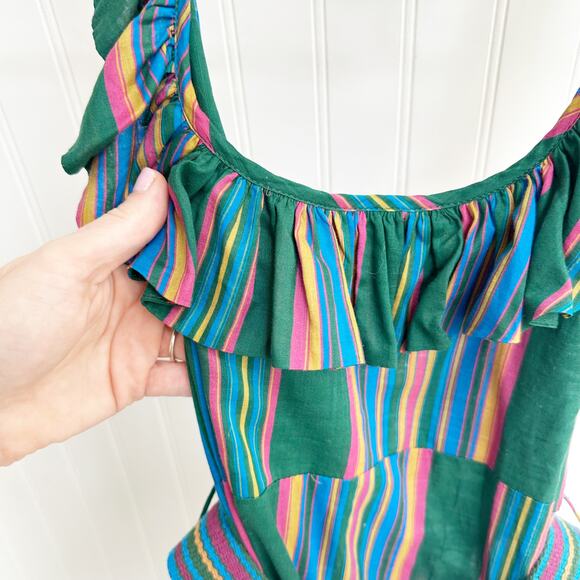 Zimmermann Allia Ruffled Striped Cotton Maxi Dress Green Tiered Boho Large - Picture 6 of 9